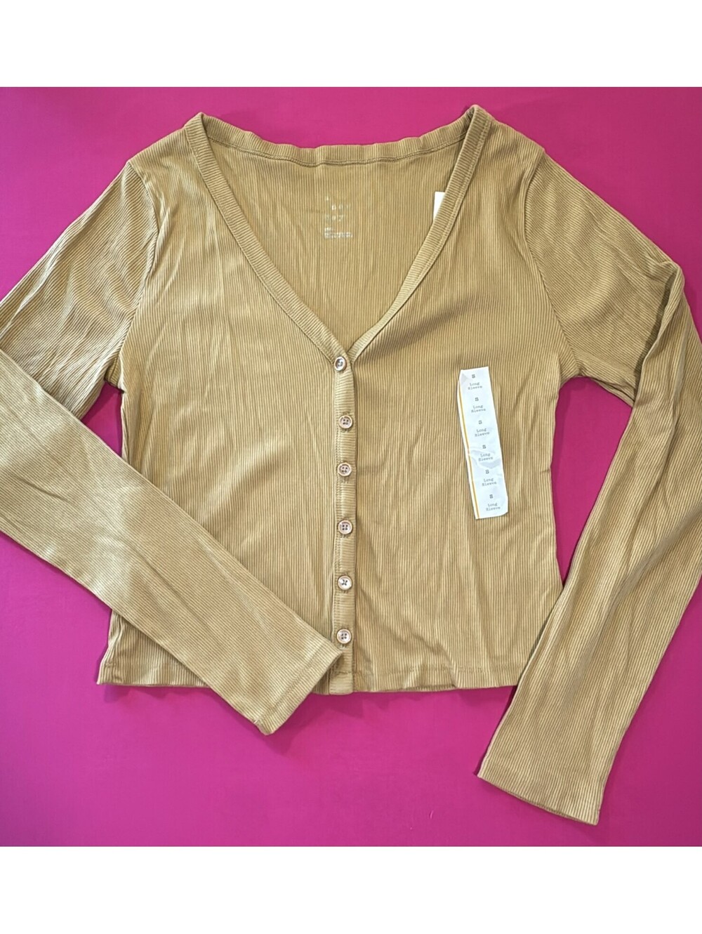 A New Day Ribbed Button Up Top Tan Long Sleeve  Size S New